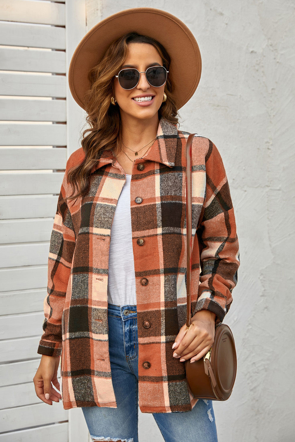 Wholesale Brown Plaid Button Up Long Sleeve Flannel Shacket