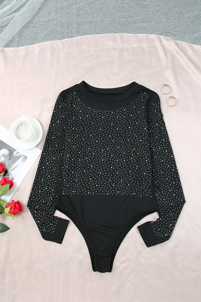 Black Rhinestone Casual Slim Fit Long Sleeve Bodysuit