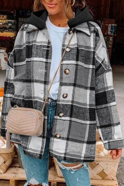 Orange Plaid Button Front Hooded Shacket