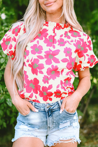 Green Floral Puff Sleeve Frilled Neckline Blouse