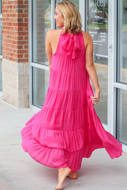 Rose Red Knotted Frill Neck Tiered Flared Maxi Dress