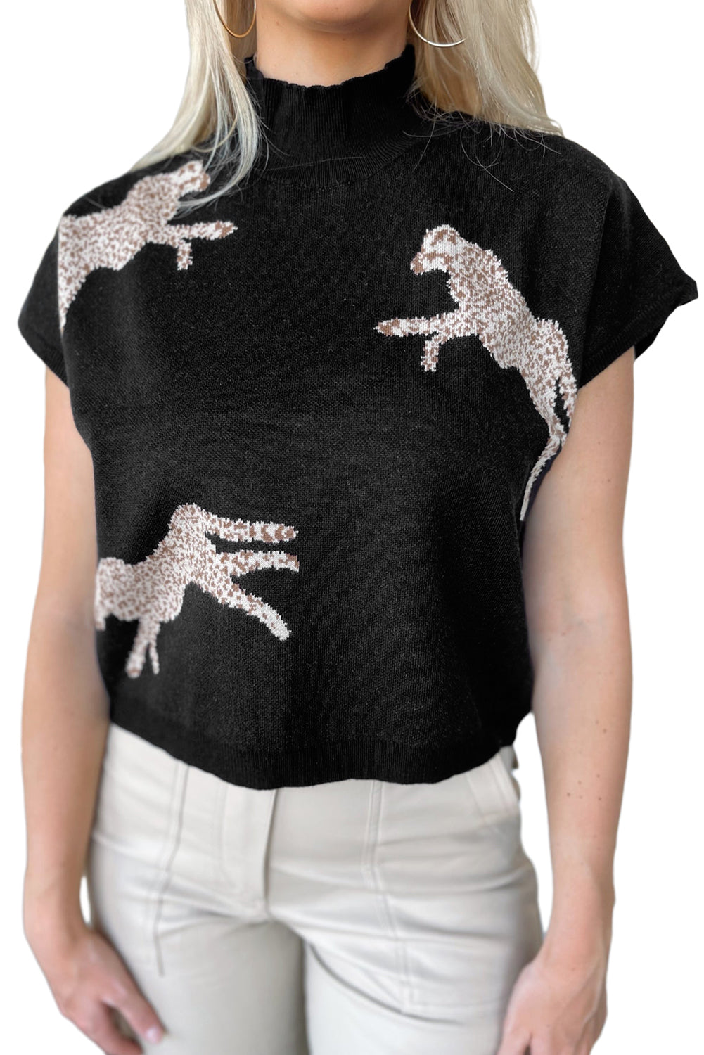 Wholesale Apricot Cheetah Pattern Mock Neck Short Sleeve Sweater