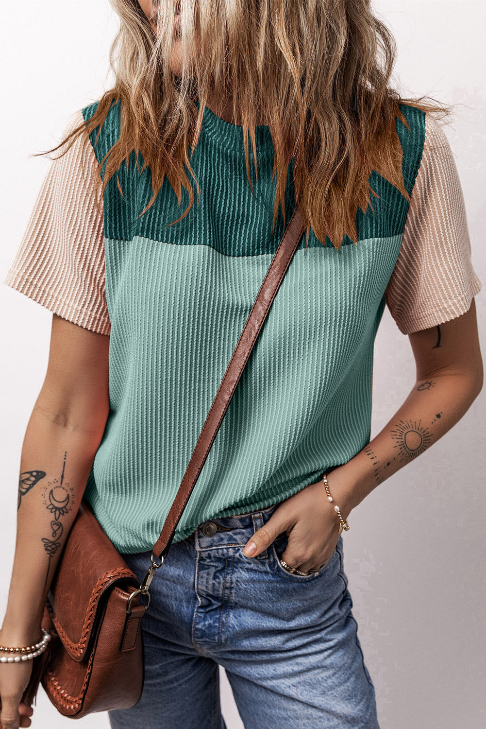 Light Blue Rib Textured Colorblock Round Neck T Shirt