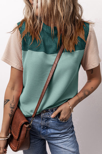 Light Blue Rib Textured Colorblock Round Neck T Shirt