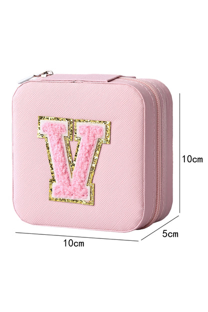 Pink Glitter Chenille V Letter Mini Square Jewery Box with Mirror