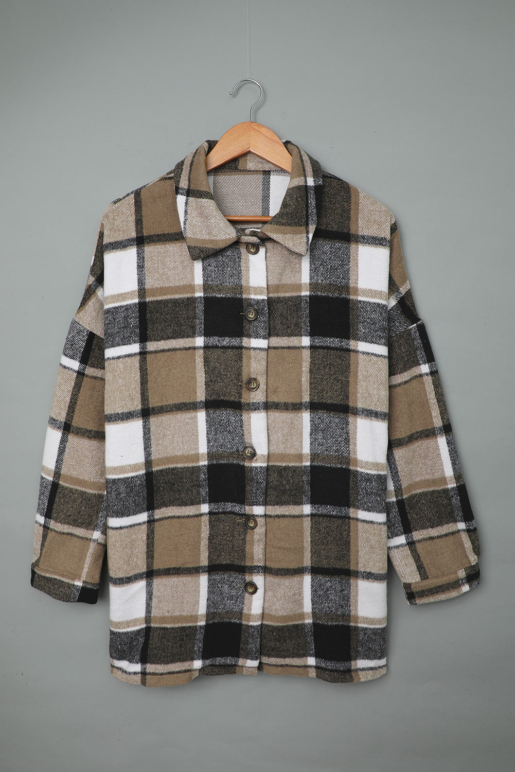 Wholesale Brown Plaid Button Up Long Sleeve Flannel Shacket