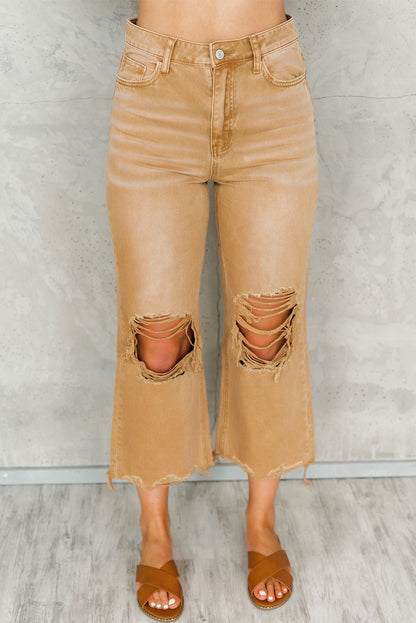 Brown Distressed Hollow-out High Waist Flare Jeans