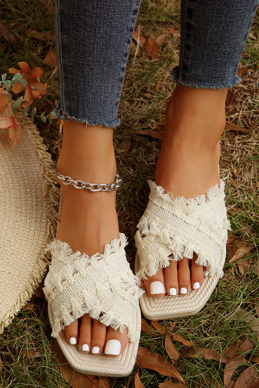 Beige Tassel Woven Crossed Straps Flat Slides Shoes