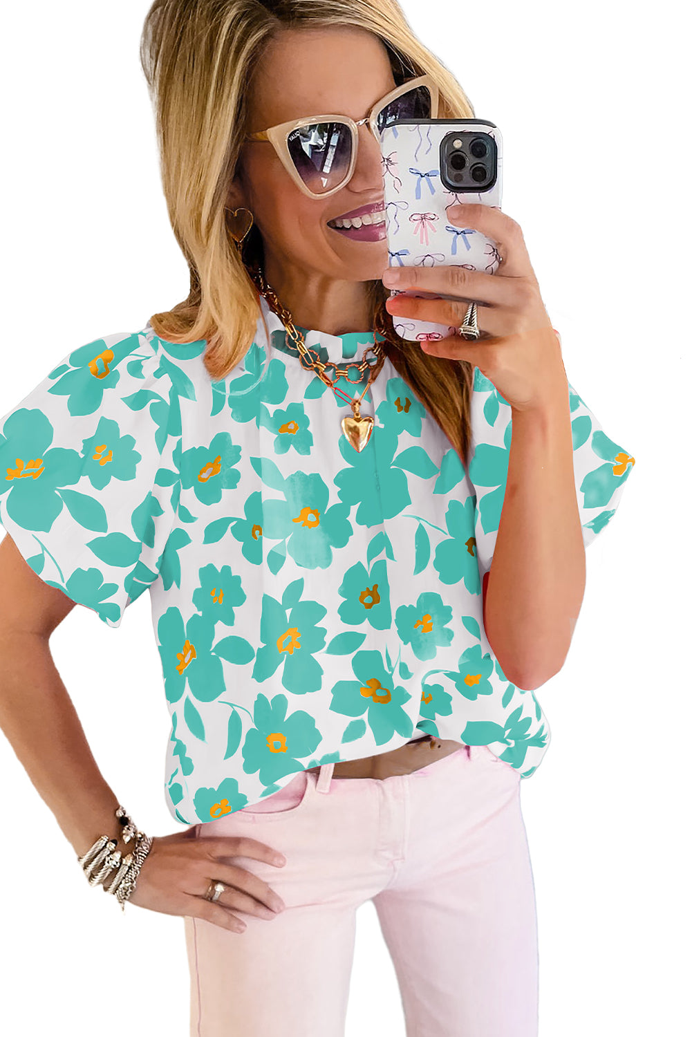 Green Floral Puff Sleeve Frilled Neckline Blouse