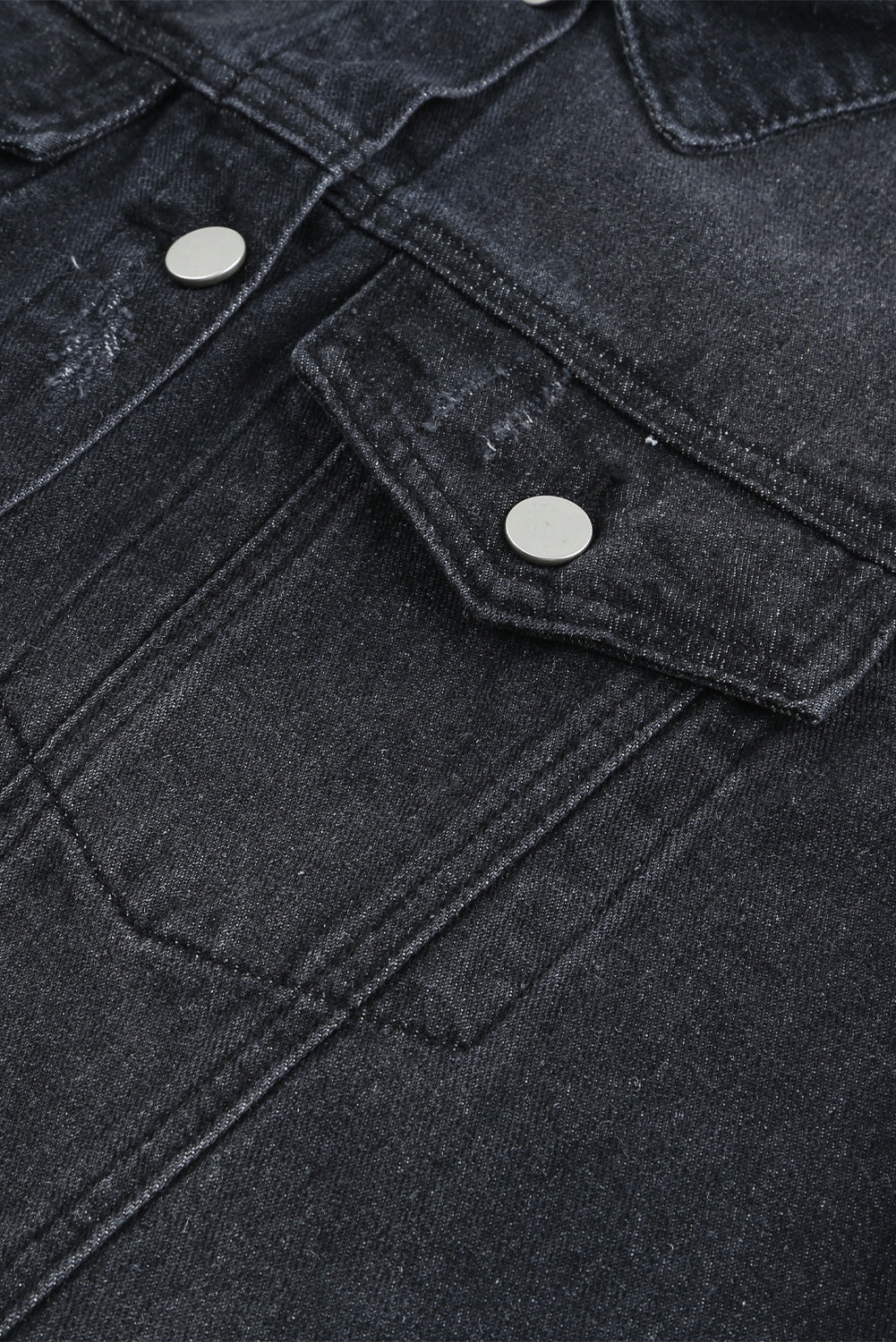 Black Casual Distressed Raw Hem Buttons Denim Jacket