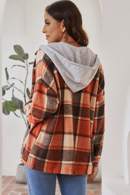 Orange Plaid Button Front Hooded Shacket