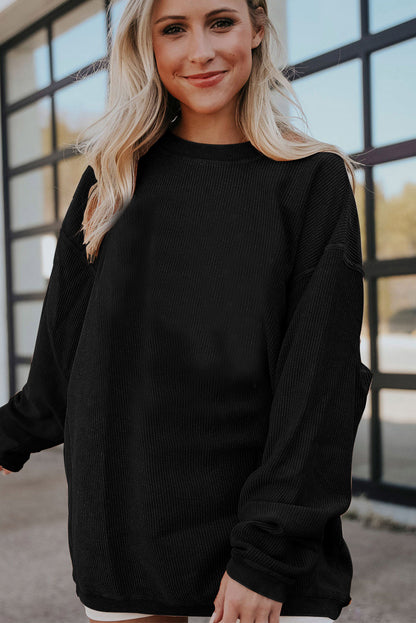 Orange Plain Drop Sleeve Rib-Knit Oversized Sweatshirt