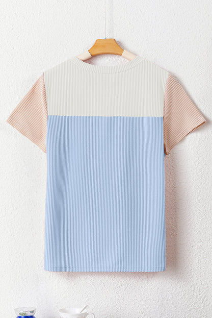 Light Blue Rib Textured Colorblock Round Neck T Shirt