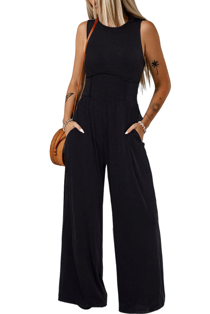 Blackish Green Sleeveless High Waist Wide Leg Jumpsuit