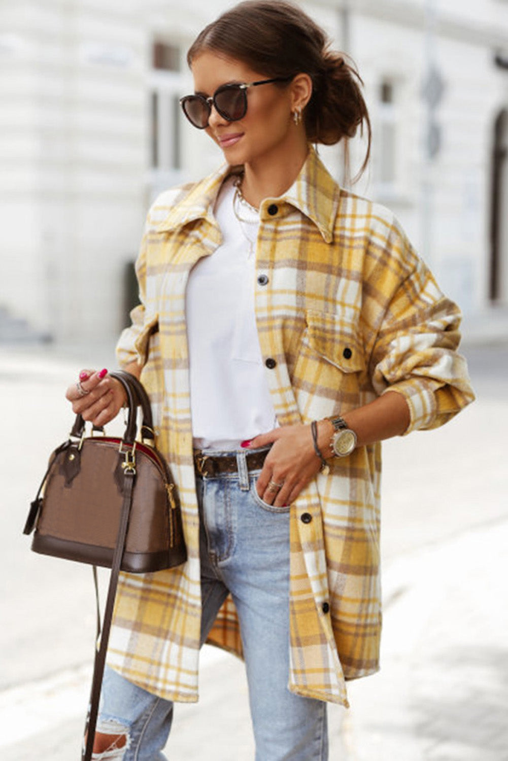 Yellow Plaid Print Flap Pocket Long Sleeve Shacket