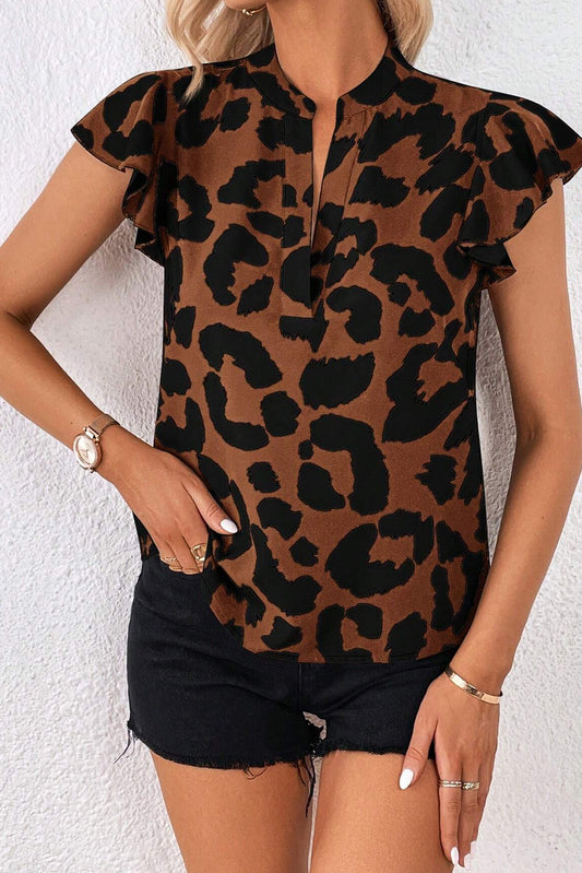 Brown Leopard Print Split Neck Ruffle Flutter Sleeve Blouse