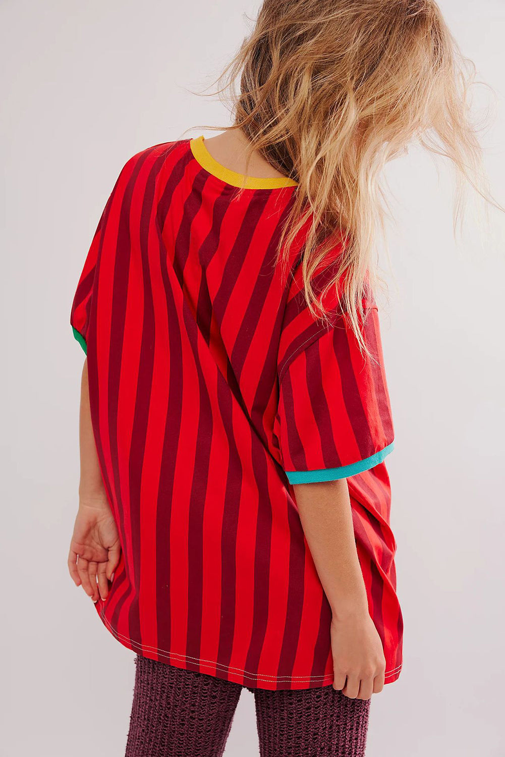 Red Striped Clashing Colours Casual Loose T Shirt