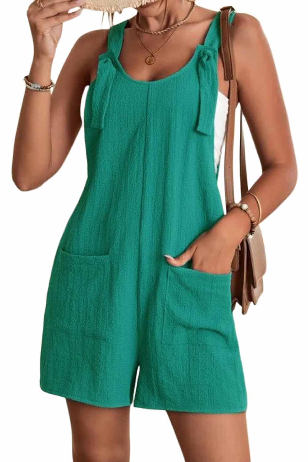 Black Shoulder Strap Pocket Textured Romper