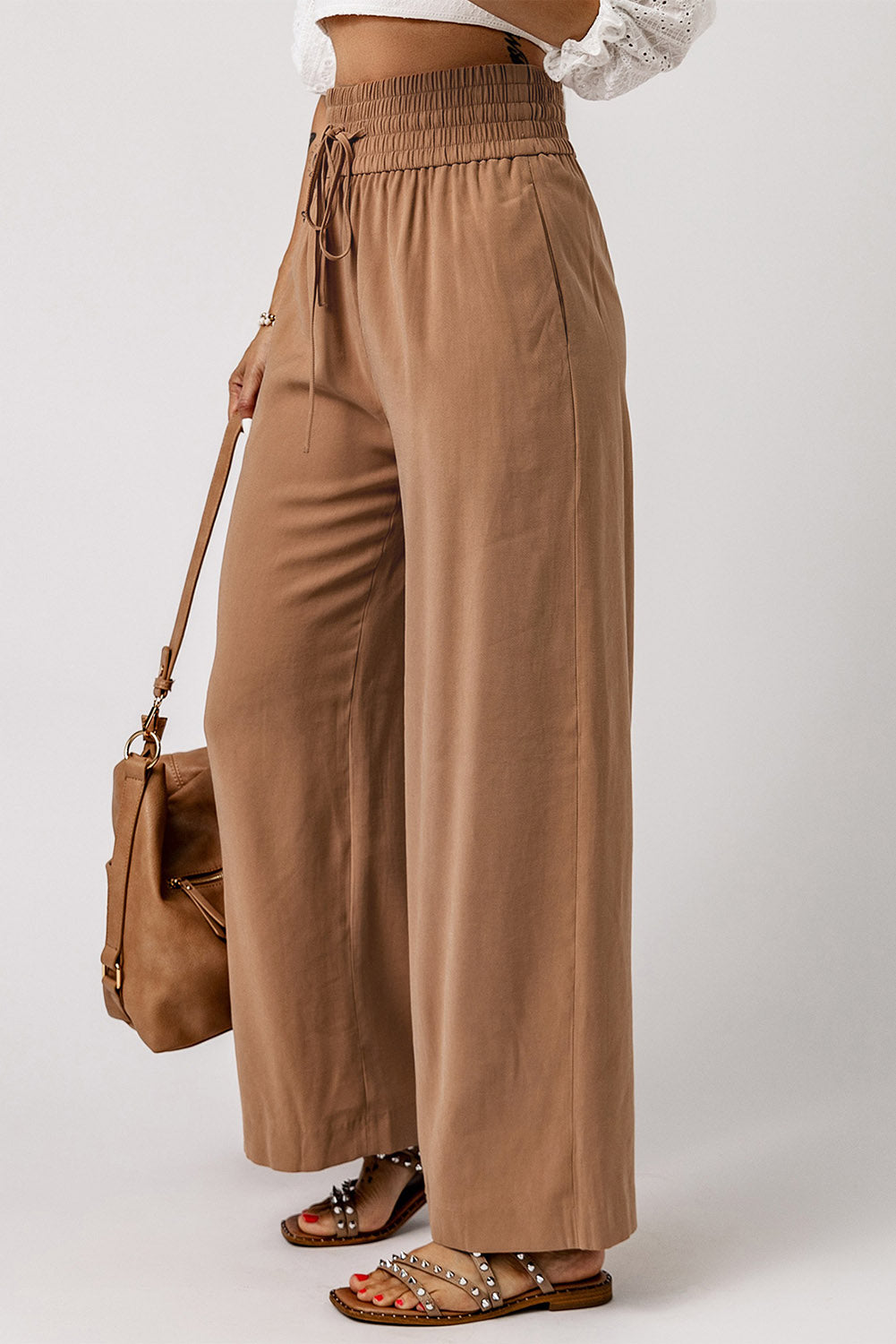 Black Plain Drawstring Shirred Elastic Waist Wide Leg Pants