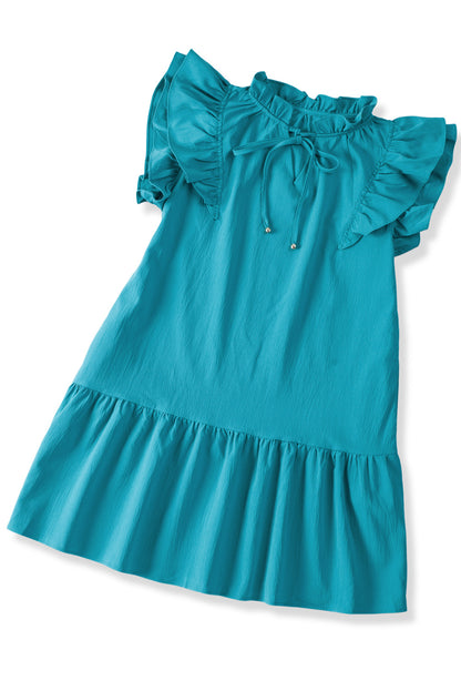 Green Tiered Ruffled Drawstring V Neck Short Dress With Pockets