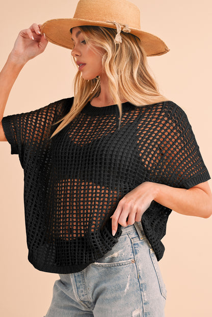 Apricot Fishnet Knit Ribbed Round Neck Short Sleeve Tee