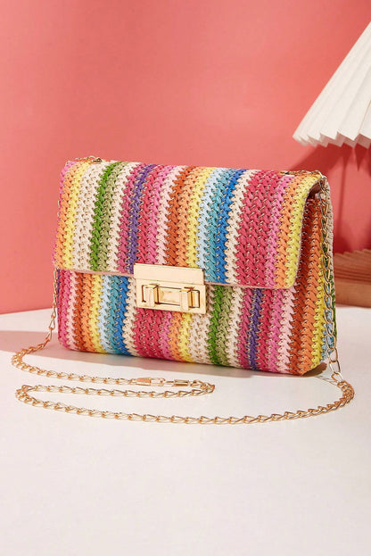 Camel Woven Striped Flapped Single Shoulder Bag