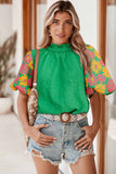 Bright Green Floral Print Puff Sleeve Button Back Frill Neck Blouse