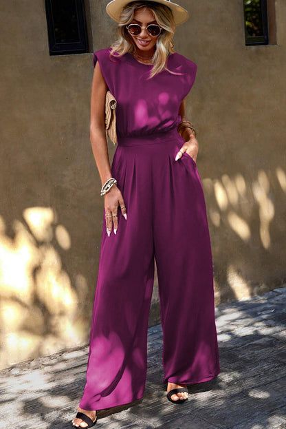 Rose Red Padded Shoulder Slant Pocket Wide Leg Jumpsuit