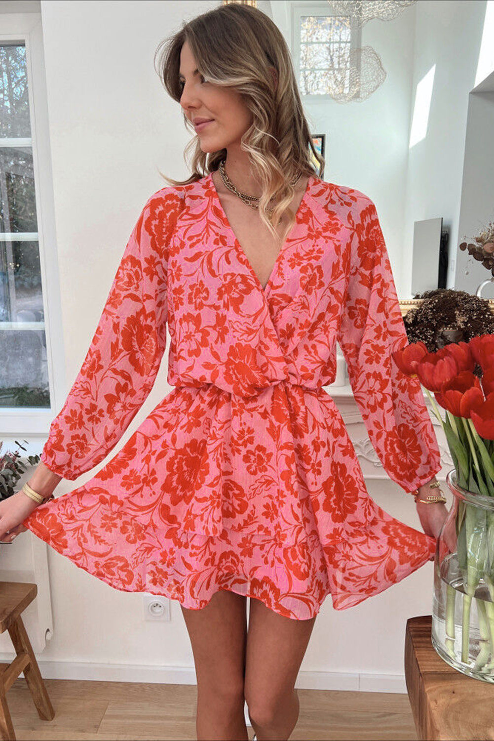 Red Floral Print Wrap V Neck Long Sleeve Boho Dress