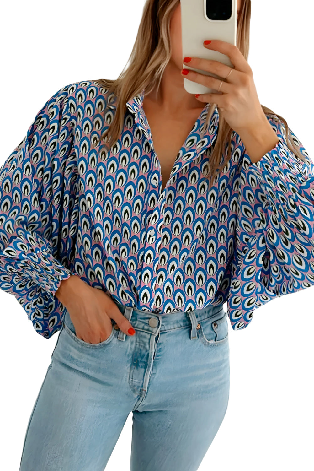 Sky Blue Abstract Print Collared Lantern Sleeve Shirt