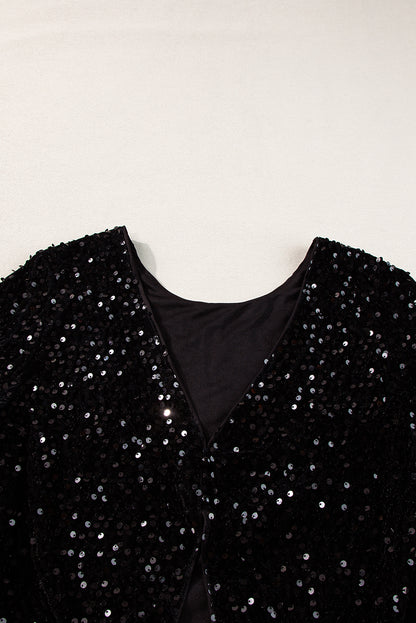 Black Sequin Cutout Back Long Sleeve Top