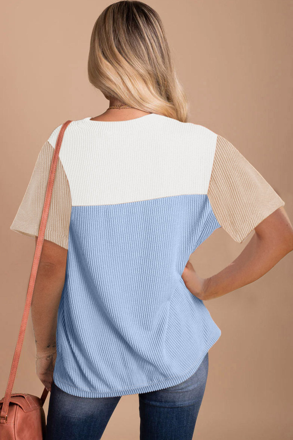 Light Blue Rib Textured Colorblock Round Neck T Shirt