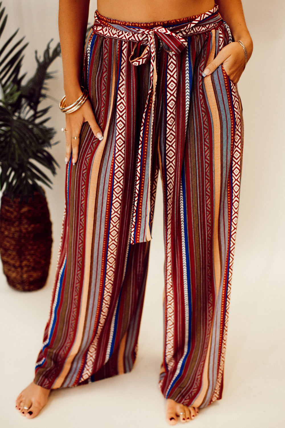 Red Boho Ethnic Striped Print Tie Waist Wide Leg Pants