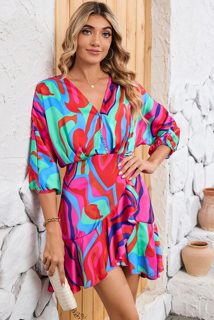 Wholesale Multicolor Abstract Printed V Neck Dolman Sleeve Ruffle Wrap Dress