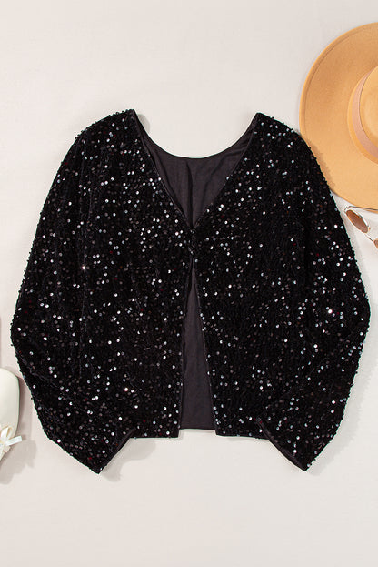 Black Sequin Cutout Back Long Sleeve Top