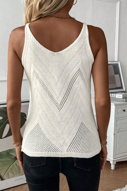 White Chevron Pointelle Knit V Neck Cami Top