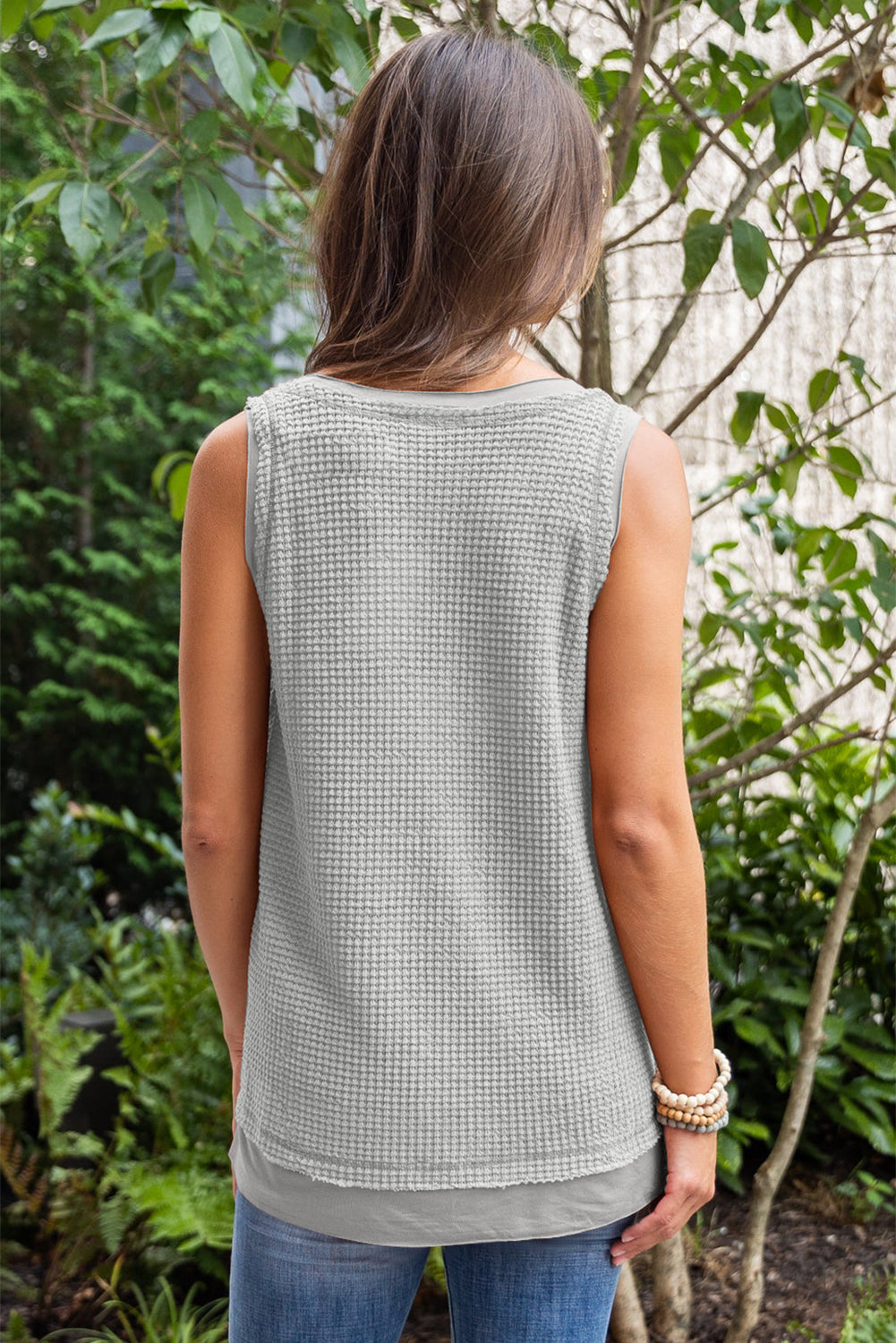 Gray Scoop Neck Waffle Knit Splicing Flowy Vest