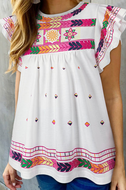 White Abstract Print Ruffle Boho Babydoll Top