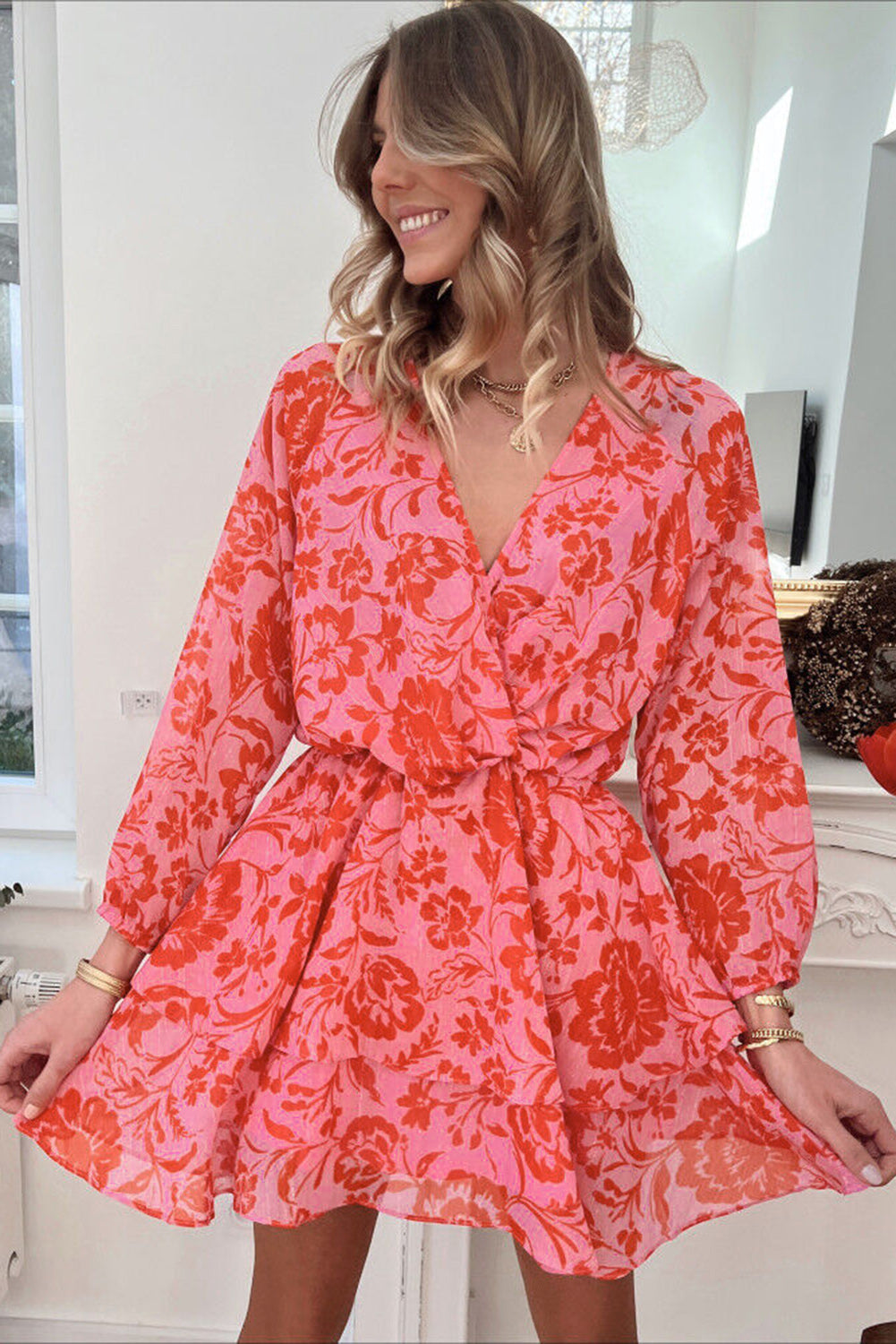 Red Floral Print Wrap V Neck Long Sleeve Boho Dress