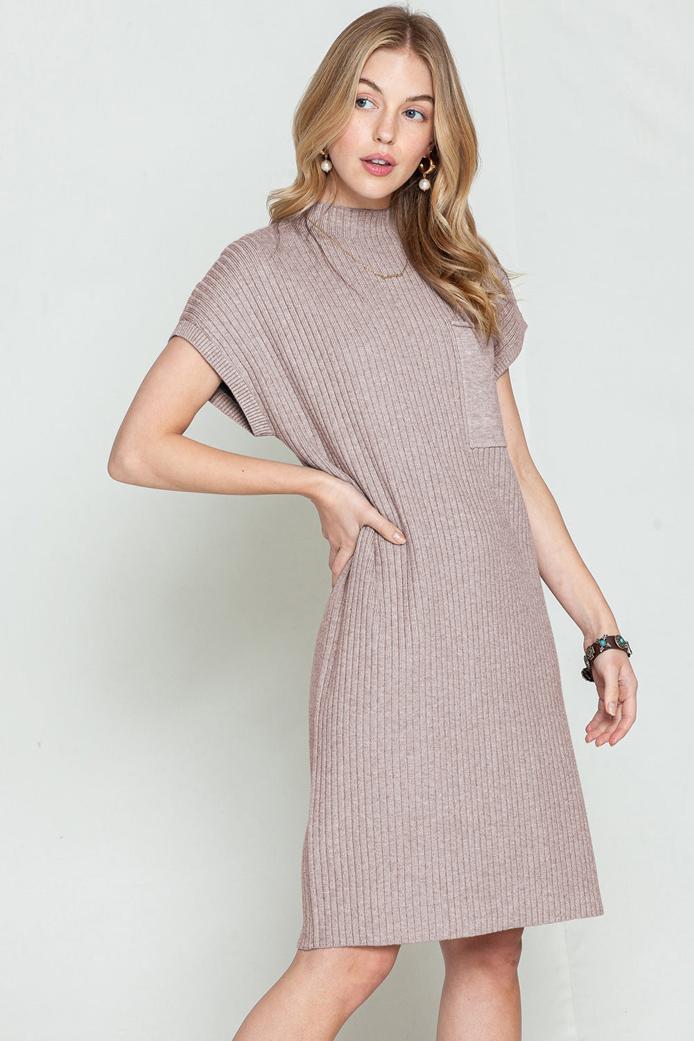 Oatmeal Patch Pocket Ribbed Knit Short Sleeve Sweater Dress