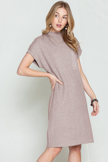 Oatmeal Patch Pocket Ribbed Knit Short Sleeve Sweater Dress