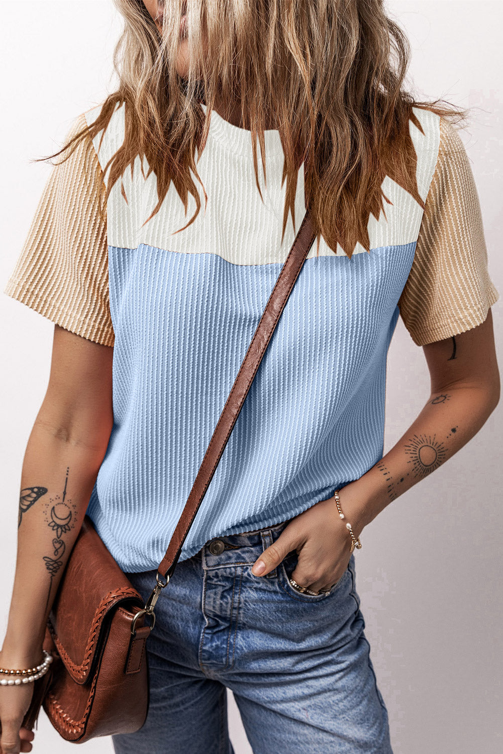 Light Blue Rib Textured Colorblock Round Neck T Shirt