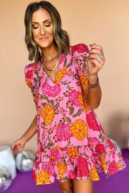 Pink Floral Bubble Sleeve V Neck Ruffled Mini Dress