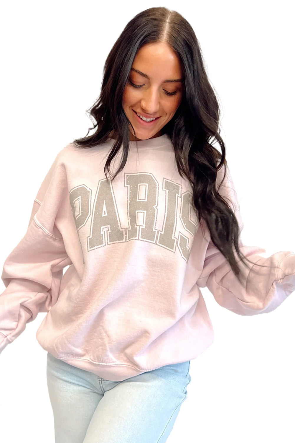 Pink PARIS Letter Print Drop Shoulder Oversized Sweatshirt