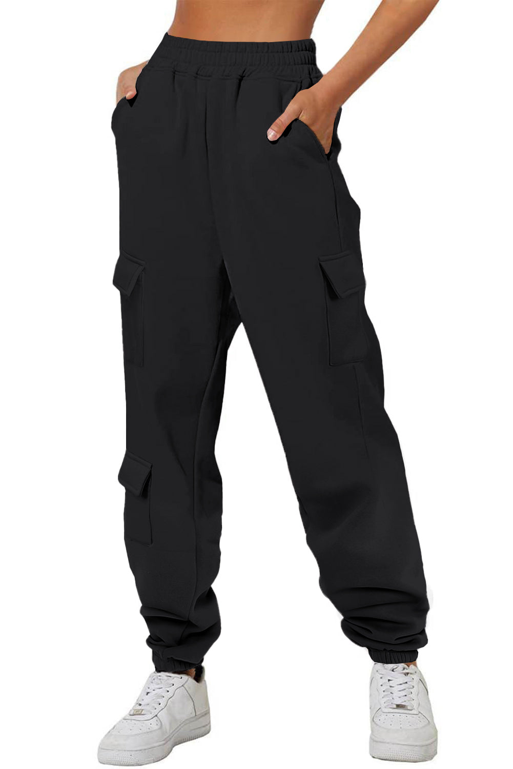 Black Solid Multi Pockets Elastic High Waist Pants