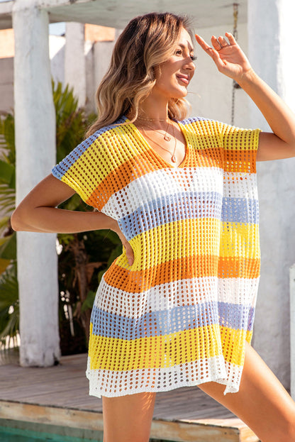 Skobeloff Striped Hollow Out Knit V Neck Tunic Cover Up