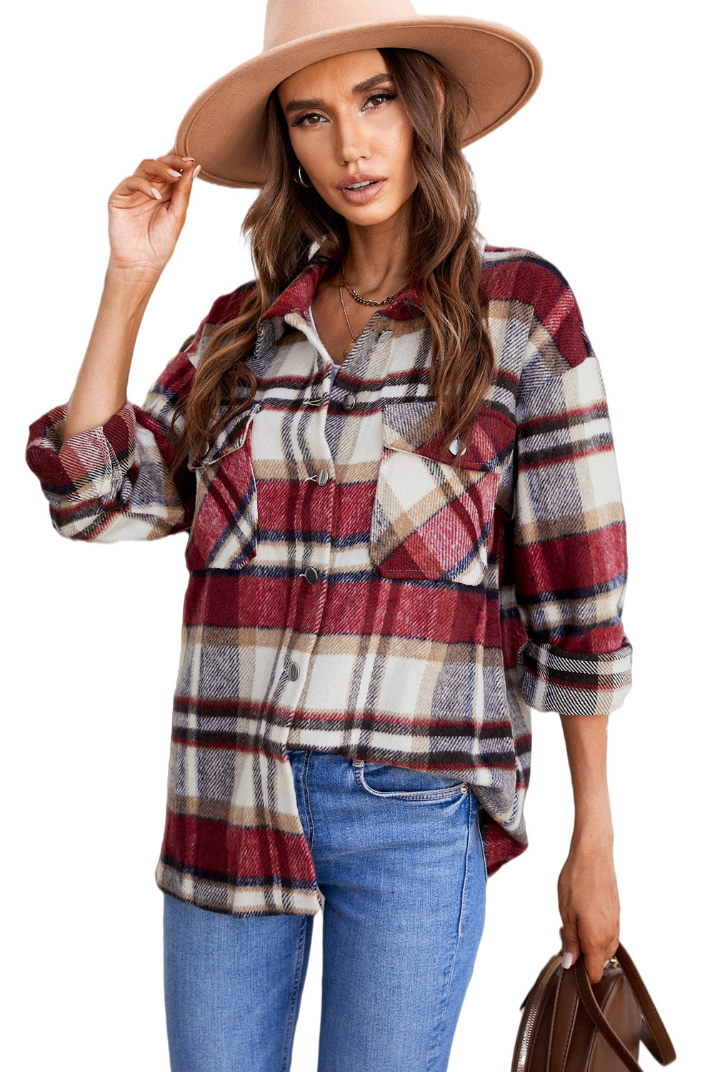 Wholesale Brown Plaid Button Up Long Sleeve Flannel Shacket