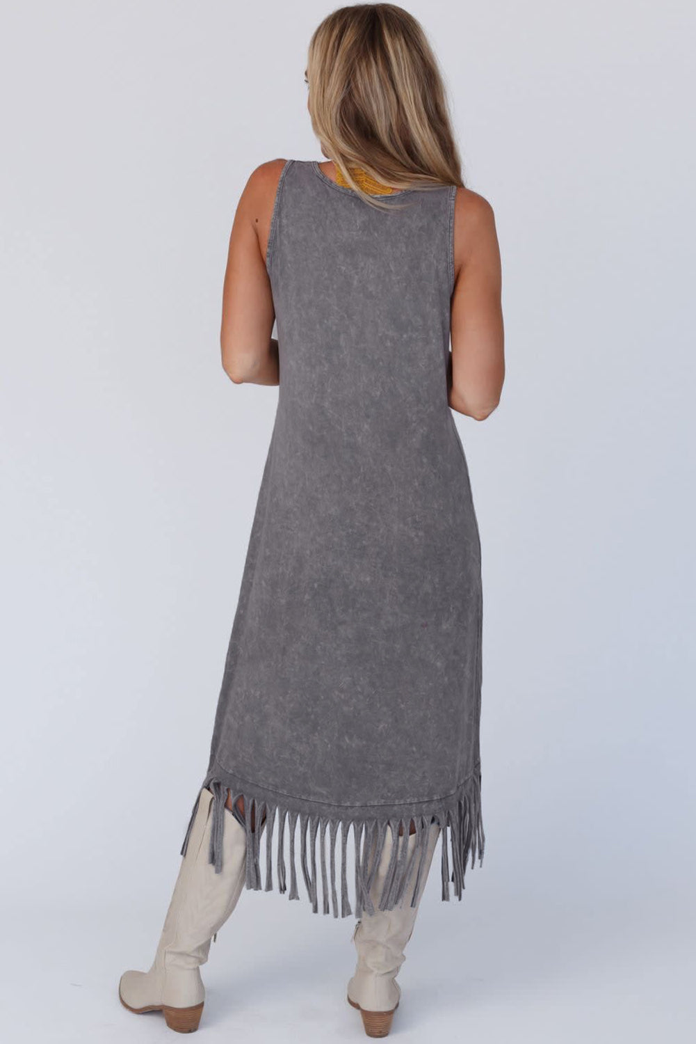 Gray Washed Sleeveless Fringe High Low Hem Maxi Dress