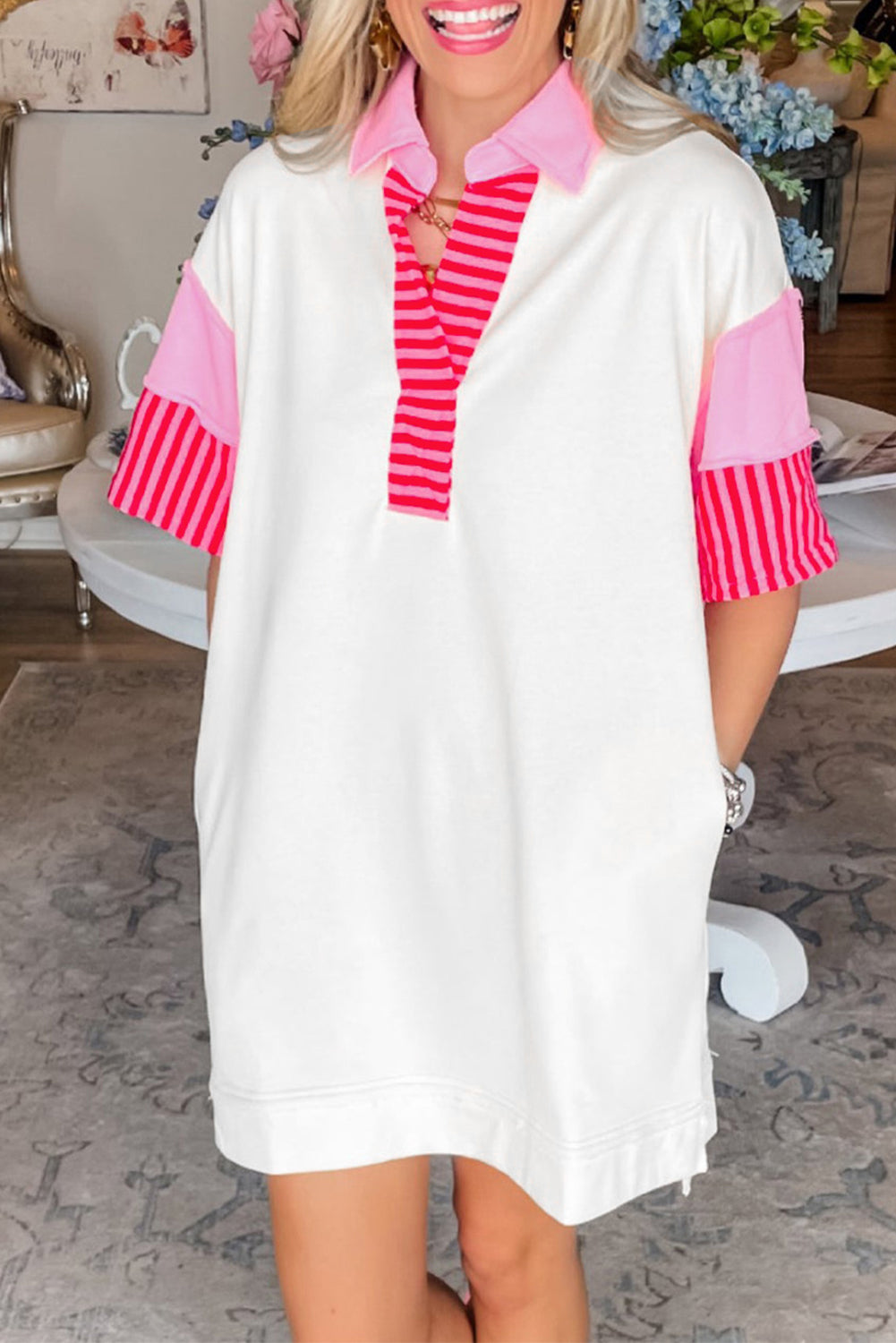 Pink Stripe Colorblock Sleeve Collared Mini Dress