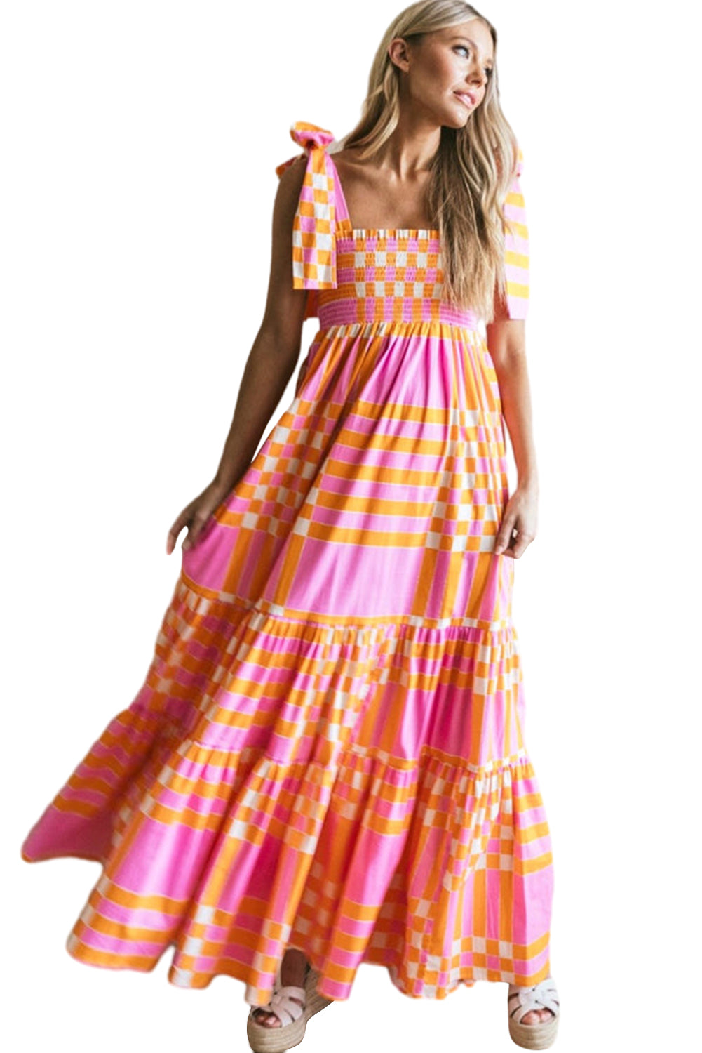 Pink Tie Strap Plaid & Striped Smocked Maxi Dress